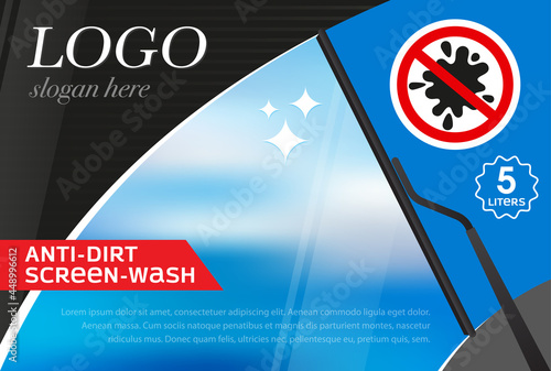 Windshield wiper label template from dirt. Concept for cleaning products, screen wash, polishing, nano-coatings. Vector, illustration