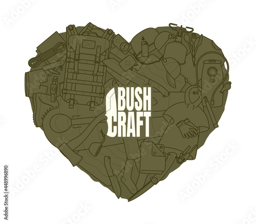 Vector green heart composed of bushcraft equipment. Isolated on white background.