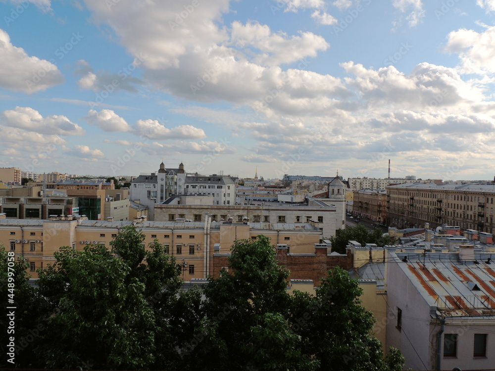 The architecture of buildings in St. Petersburg is a top view, an old single building. Beautiful houses of St. Petersburg. The urban landscape created under Peter the Great.