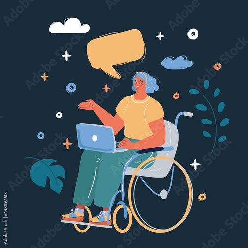 Vector illustration of woman sitting on wheelchair isolated over dark background