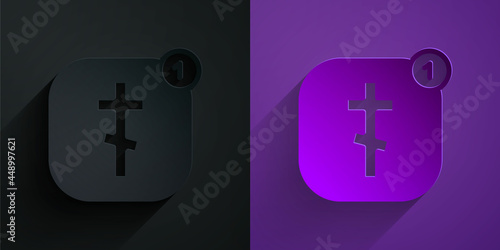 Paper cut Online church pastor preaching video streaming icon isolated on black on purple background. Online church of Jesus Christ. Paper art style. Vector