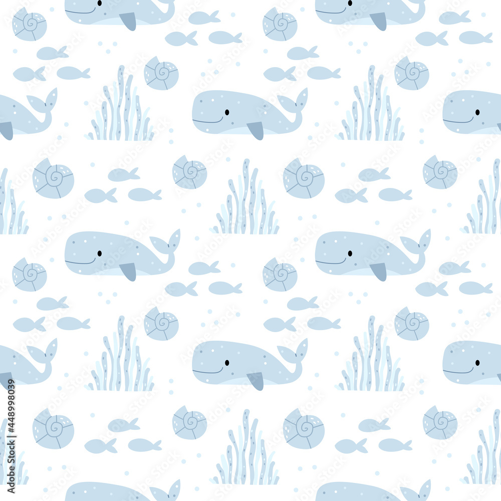 Pattern in the whale.Summer pattern about the underwater world in pink colors. Illustration for children's book.