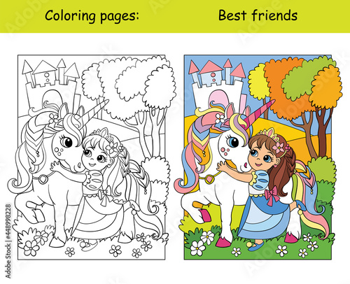 Coloring and color cute princess hugs with a unicorn