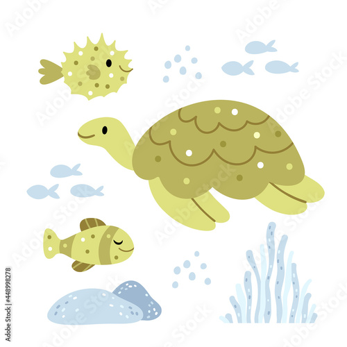 Turtle and sea urchin.Underwater world  summer illustration in green colors.Illustration for children s book.