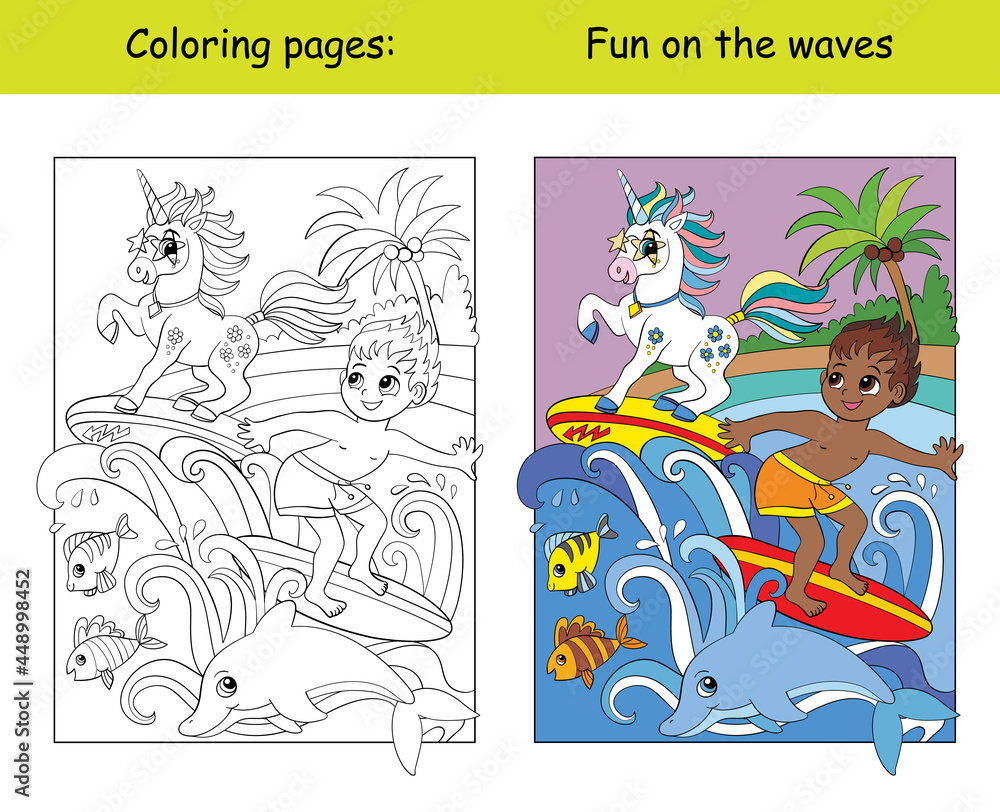 Fototapeta premium Coloring and color black boy and unicorn surf on the waves.