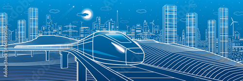 Modern night town, neon town. Train rides. City Infrastructure and transport illustration. Urban scene. Vector design art. White lines on blue background