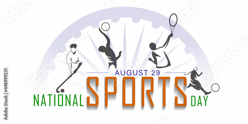 Vector Illustration of National Sports day. Indian flag on Field Hockey stick and ball. photo