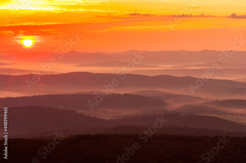 Sunrise in the Bieszczady Mountains as seen from the top of Rozsypaniec, Bieszczady Mountains