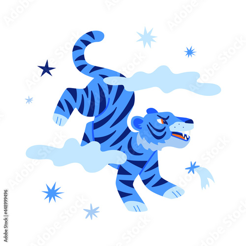 Hand drawn vector illustration with a blue tiger isolated on white. Symbol of 2022 Chinese horoscope