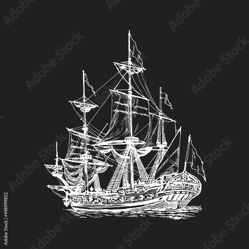 Sailing Ship Sketch Hand Drawing. Sea or River Transport, an isolated object. Vector