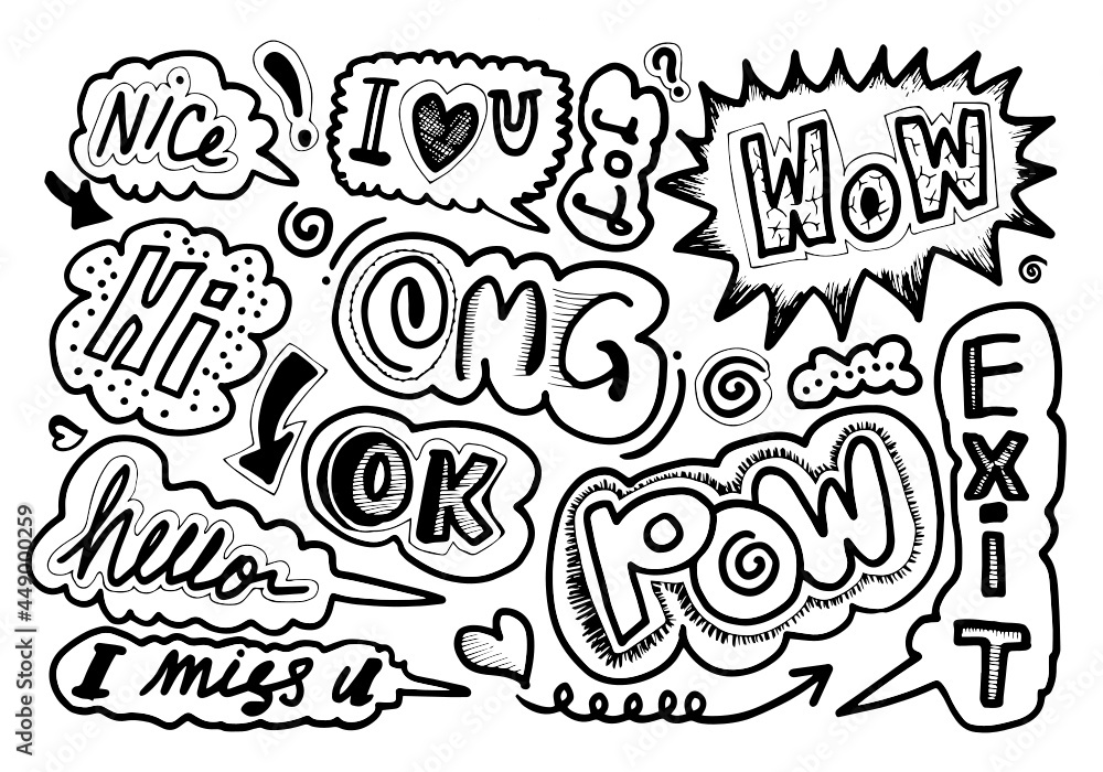 Hand drawn set of speech bubbles with handwritten short phrases  wow,OMG,hi,hello,nice,ok,lol,pow,exit on white background.