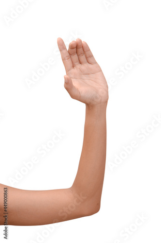 Woman hand holding isolated on white background.