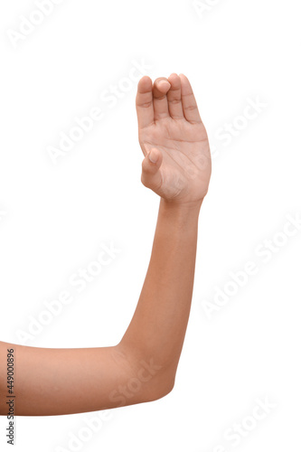 Empty Hand showing gesture holding the bottle, smartphone or something isolated on white background with clipping path.