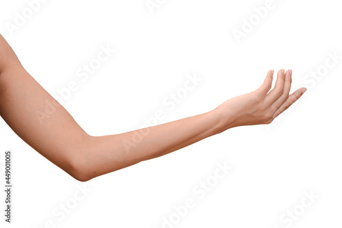 Hand open and ready to help or receive. Gesture isolated on white background with clipping path.