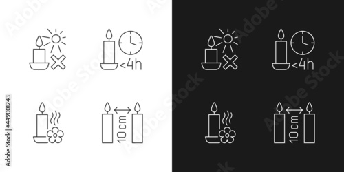 Candle warning label linear manual label icons set for dark and light mode. Customizable thin line symbols. Isolated vector outline illustrations for product use instructions. Editable stroke