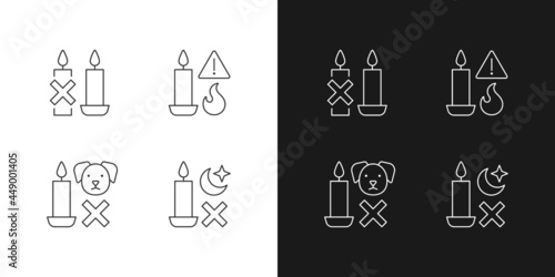 Fire safety warning label linear manual label icons set for dark and light mode. Customizable thin line symbols. Isolated vector outline illustrations for product use instructions. Editable stroke