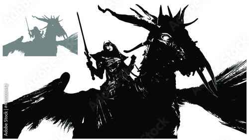 A beautiful female warrior with a sword sits on a demonic sinister horse in plate armor, his eyes glow in the dark, she looks forward holding the reins of her dark pegasus with large black wings. 2d 