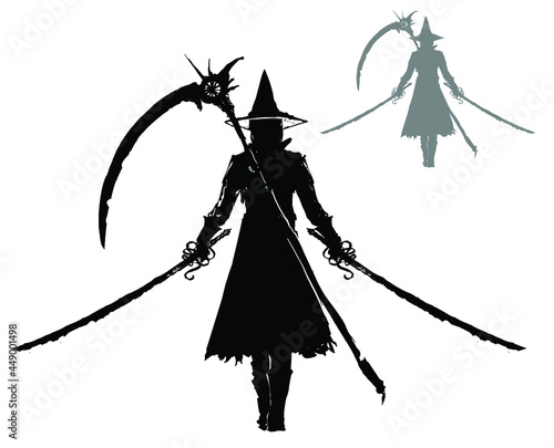 A sinister black silhouette of a warrior with two rusty jagged sabers and a scythe on his back is slowly walking forward, a pointed hat on his head, he is wearing a long coat and boots. 2d art