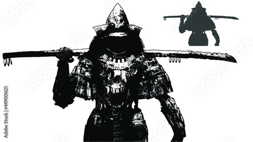 The black silhouette of a sinister samurai demon warrior in a helmet with a huge rusty katana and broken armor, on his chest the skull of a huge ugly dog with a mad grin, he moves towards the viewer. 