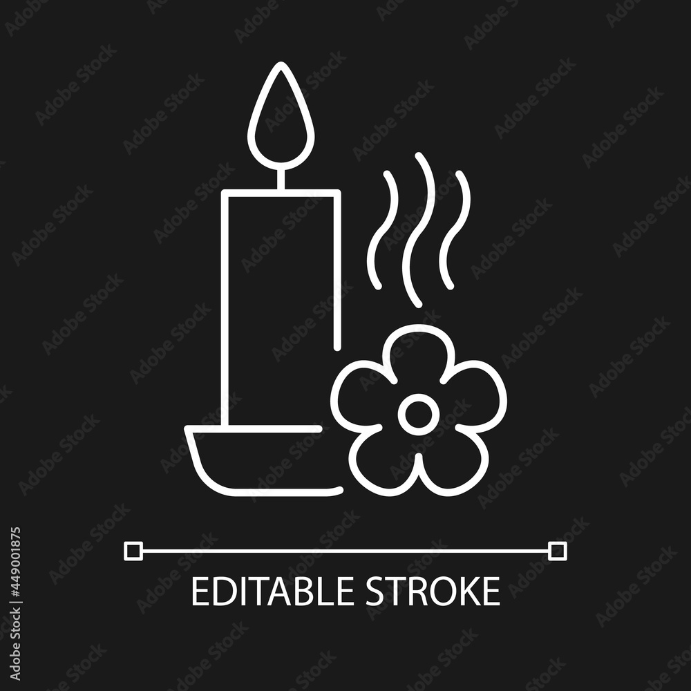 Scented candle white linear manual label icon for dark theme. Thin line customizable illustration for product use instructions. Isolated vector contour symbol for night mode. Editable stroke Scented candle white linear manual label icon for dark theme. Thin line customizable illustration for product use instructions. Isolated vector contour symbol for night mode. Editable stroke