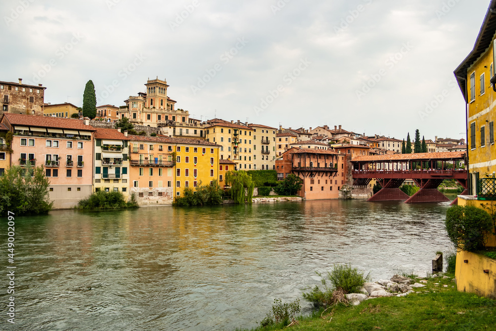 View along the Brenta river, near the Alpini bridge in Bassano del Grappa, Vicenza - Italy