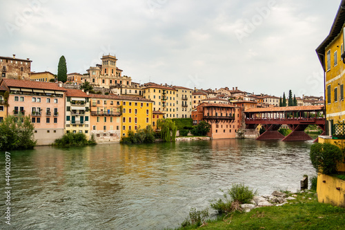 View along the Brenta river, near the Alpini bridge in Bassano del Grappa, Vicenza - Italy