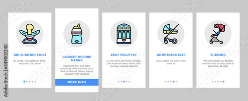 Baby Shop Selling Tool Onboarding Mobile App Page Screen Vector. Baby Diaper And Sterilizer Bottles Device, Newborn Educational Toy And Carousel Per Crib. Illustrations