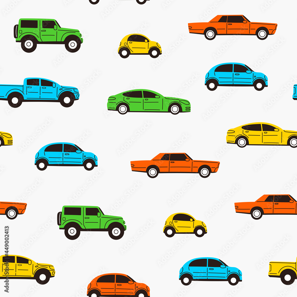 Various vehicles. Different types of cars: sedan, SUV, pickup, coupe, hatchback, retro car. Automobile, motor transport concept. Hand drawn trendy Vector seamless Pattern, background, wallpaper