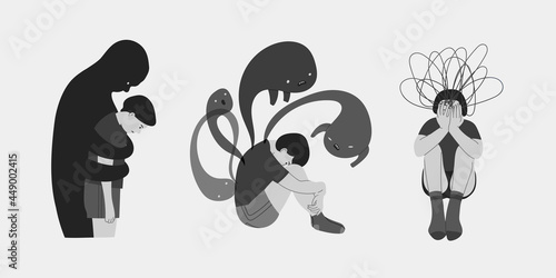Set of three persons. Mental health or disorder concept. Illness, phobia, impairment, psychiatric or psychological problem. Cartoon style. Flat design. Hand drawn isolated Vector illustrations