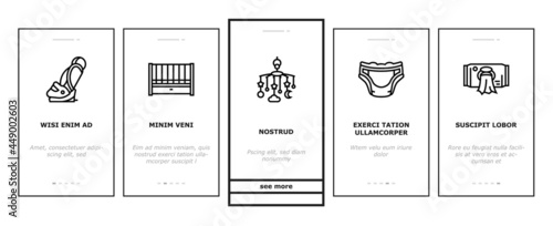 Baby Shop Selling Tool Onboarding Mobile App Page Screen Vector. Baby Diaper And Sterilizer Bottles Device, Newborn Educational Toy And Carousel Per Crib. Illustrations