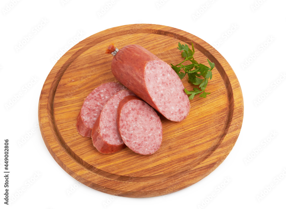 Sausage on a wooden cutting board Sausage on a wooden cutting board