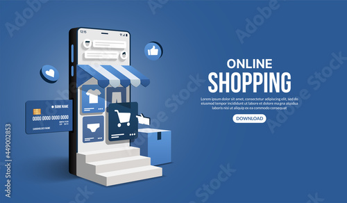 Online shopping on website and mobile application by smart phone, Digital marketing shop and store concept