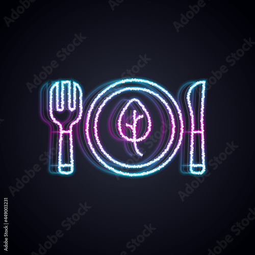 Glowing neon line Vegan food diet icon isolated Glowing neon line background. Organic, bio, eco symbol. Vegan, no meat, lactose free, healthy, fresh and nonviolent food. Vector