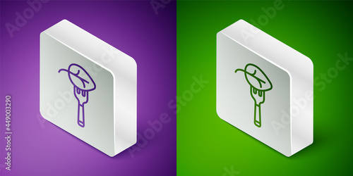 Isometric line Vegan food diet icon isolated Isometric line background. Organic, bio, eco symbol. Vegan, no meat, lactose free, healthy, fresh and nonviolent food. Silver square button. Vector