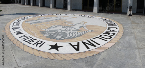 The front entrace of the North Carolina State Legislature building in Raleigh with the state seal and motto - Esse Quam Videri -- To Be, Rather Than To Seem photo