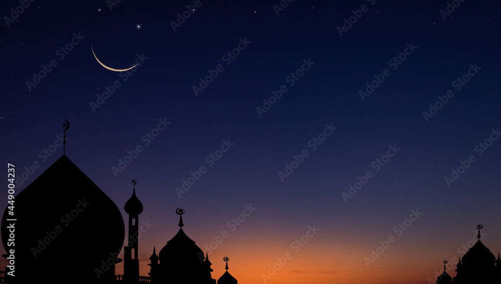 Mosques at night with crescent moon Mosques at night with crescent moon
