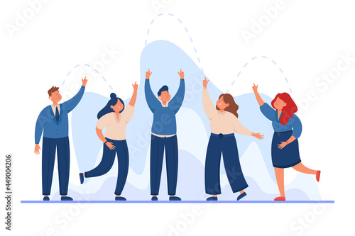 Team of business people putting hands up together. Businessman and group of workers in suits with fingers pointing upwards flat vector illustration. Teamwork, communication concept for banner