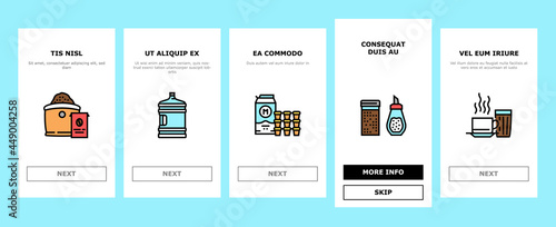 Coffee Shop Equipment Onboarding Mobile App Page Screen Vector. Coffee Cafe Device For Prepare Delicious Energy Drink And Pastry Dessert, Milk And Cream Illustrations