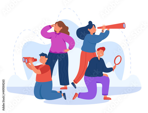 Team of business staff searching for new ideas or people. Characters with magnifier and spyglass looking for work opportunities, broadening horizons flat vector illustration. HR, development concept