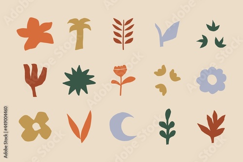 Doodle abstract botanical flowers. Hand drawn set of various geometric leaf icons, contemporary vector illustration