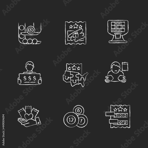 Lottery games types chalk white icons set on dark background. Ball draw machine. Scratchcards. Prize-winning ticket-holder. Multi-state lottery games. Isolated vector chalkboard illustrations on black