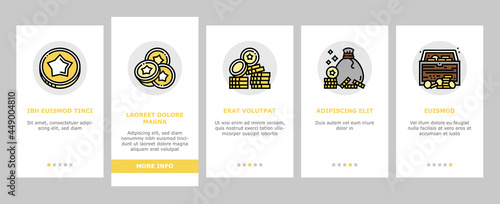 Currency Video Games Onboarding Mobile App Page Screen Vector. Playing Money Banknotes And Coin Steak, Gambling Gaming Smartphone Application Illustrations