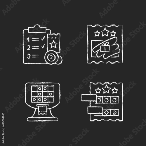 Lottery conduction chalk white icons set on dark background. Lotto session program. Scratch cards. Electronic gambling machine. Paper-style game. Isolated vector chalkboard illustrations on black