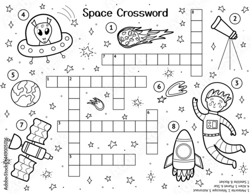 Crossword for kids with cute space characters. Black and white space activity page for kids and word search puzzle. Educational coloring sheet for school and preschool. Vector illustration