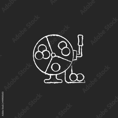 Ball draw machine chalk white icon on dark background. Drawing winning numbers for lottery game. Bingo blowers. Raffle drum. Random number generation. Isolated vector chalkboard illustration on black