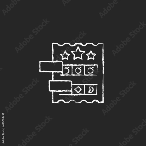Break open lottery ticket chalk white icon on dark background. Paper-style game. Instant prizes for winning combinations. Revealing matching symbols. Isolated vector chalkboard illustration on black