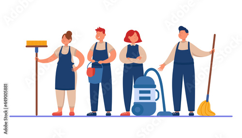 Male and female cleaning staff with mops and vacuum cleaner. Team of cartoon persons in uniform flat vector illustration. Cleaning service or company concept for banner, website design or landing page