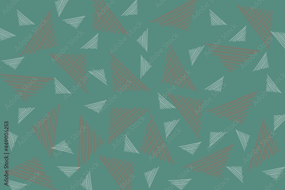 Hand drawn lines of brown and white triangles on a green background. For the background, fabric pattern, paper pattern. Hand drawn lines of brown and white triangles on a green background. For the background, fabric pattern, paper pattern.