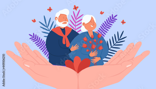 Giant hands supporting happy adult couple. Medical help for parents or senior patients flat vector illustration. Elderly care, wellness, family, reconciliation concept for banner or landing web page