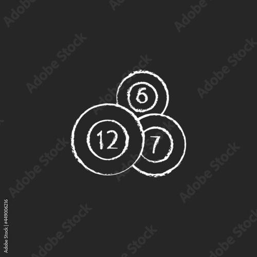 Lottery balls chalk white icon on dark background. Producing random number combinations. Vending machine. Bearing possible winning number. Isolated vector chalkboard illustration on black